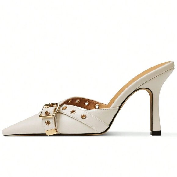 White Elegant Women's Pointed Toe Mules Pumps - Picture 4 of 10